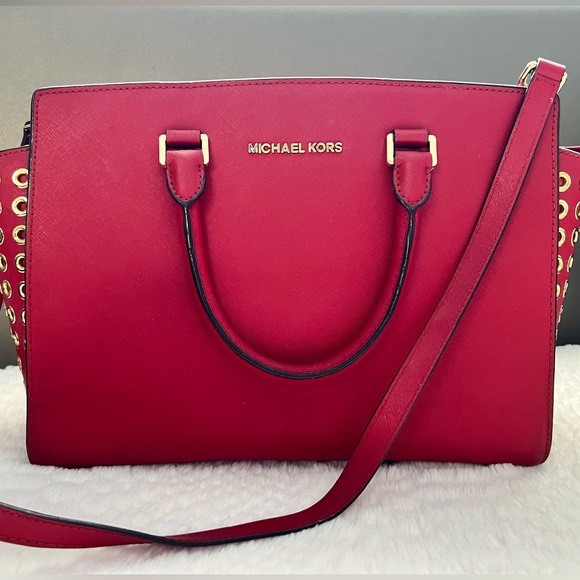 Michael Kors Red Satchel Tote Crossbody Bag Gold Grommet Studded Leather Purse - Picture 1 of 5